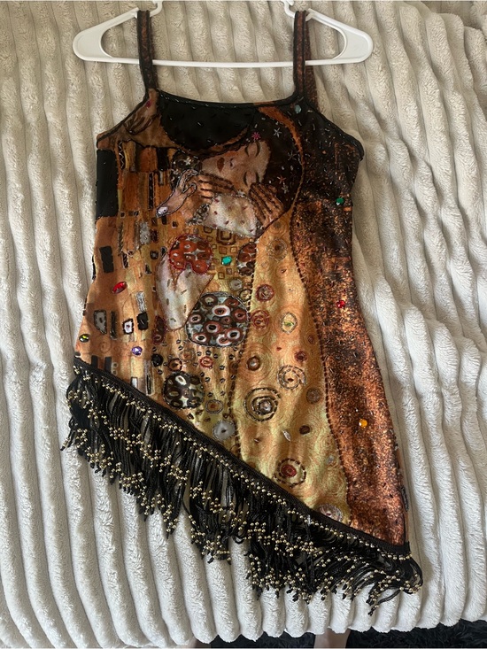 Cache Tops - Asymmetric Beaded Fringe Klimt 'The Kiss' Embellished Top/Tunic